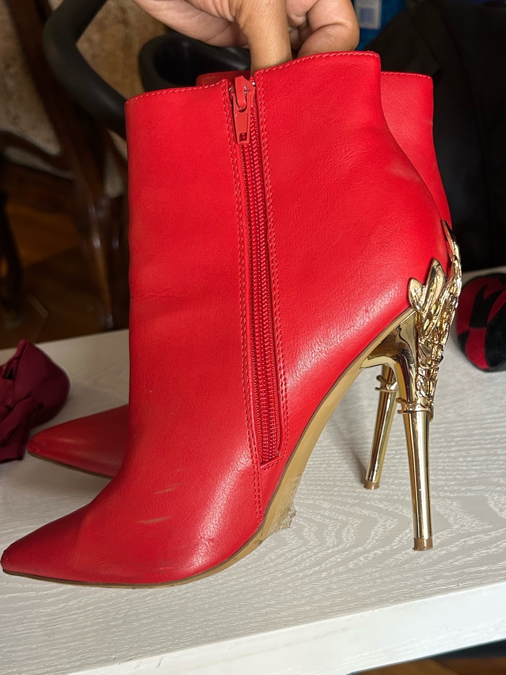 Women's 7 Red Pointed-Toe Ankle Boots with Gold Sculpted Heel